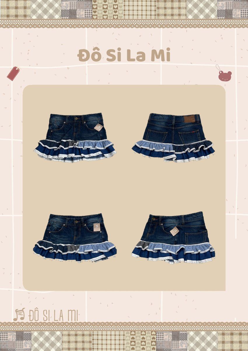 Chân váy jean đậm màu patchwork bèo ren xám xanh navy